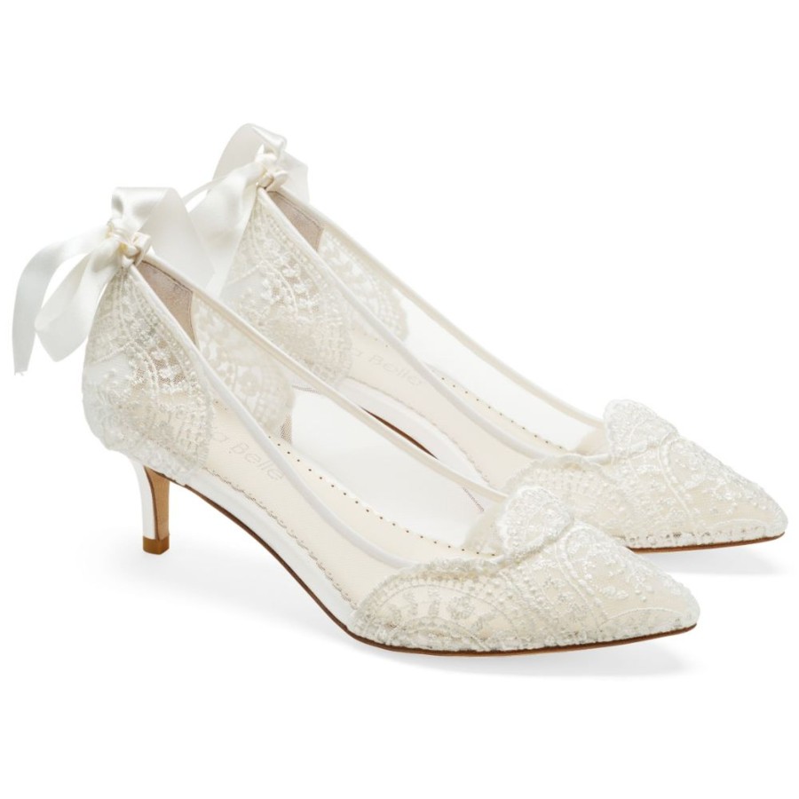 Bridal Bella Belle Shoes | Alencon Embroidered Low Heel Lace Wedding Shoes Ivory