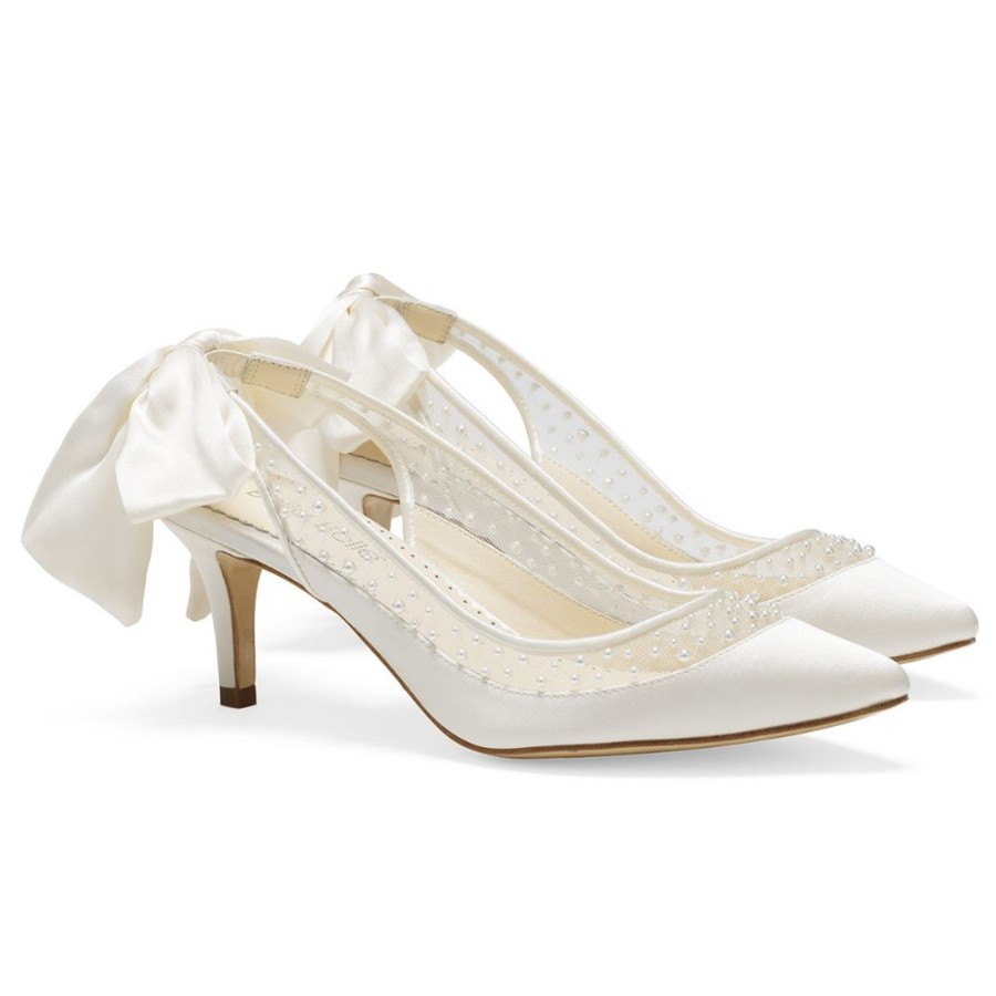 Bridal Bella Belle Shoes | Low Heel Pearl Slingback Shoes With Silk Heel Bow Ivory