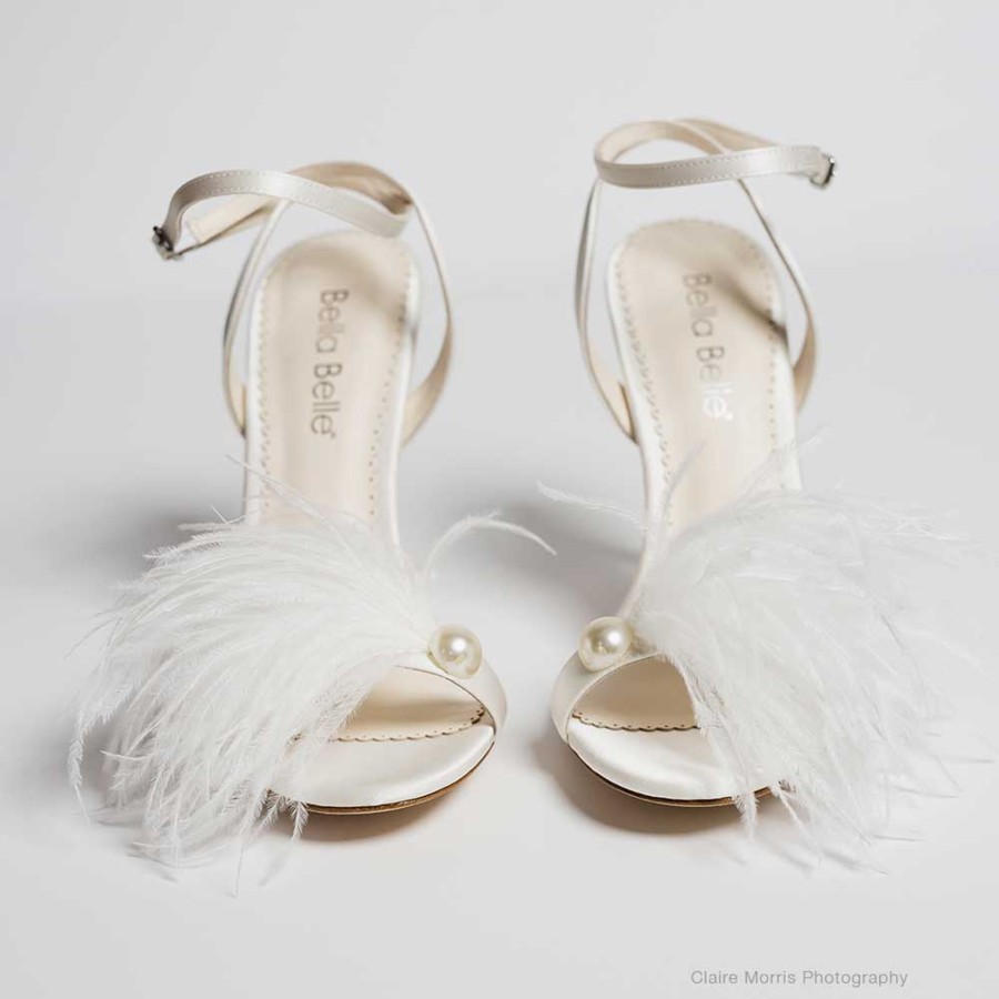 Bridal Bella Belle Shoes | Double Ankle Strap Bridal Shoes With Feathers Ivory