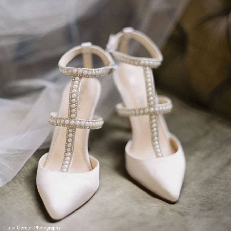 Bridal Bella Belle Shoes | T-Strap Heels With Crystals & Pearls Ivory