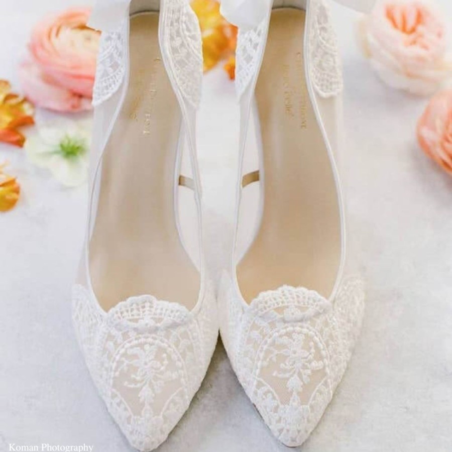 Bridal Bella Belle Shoes | Lace Boho Wedding Heels With Ribbon Tie Ivory