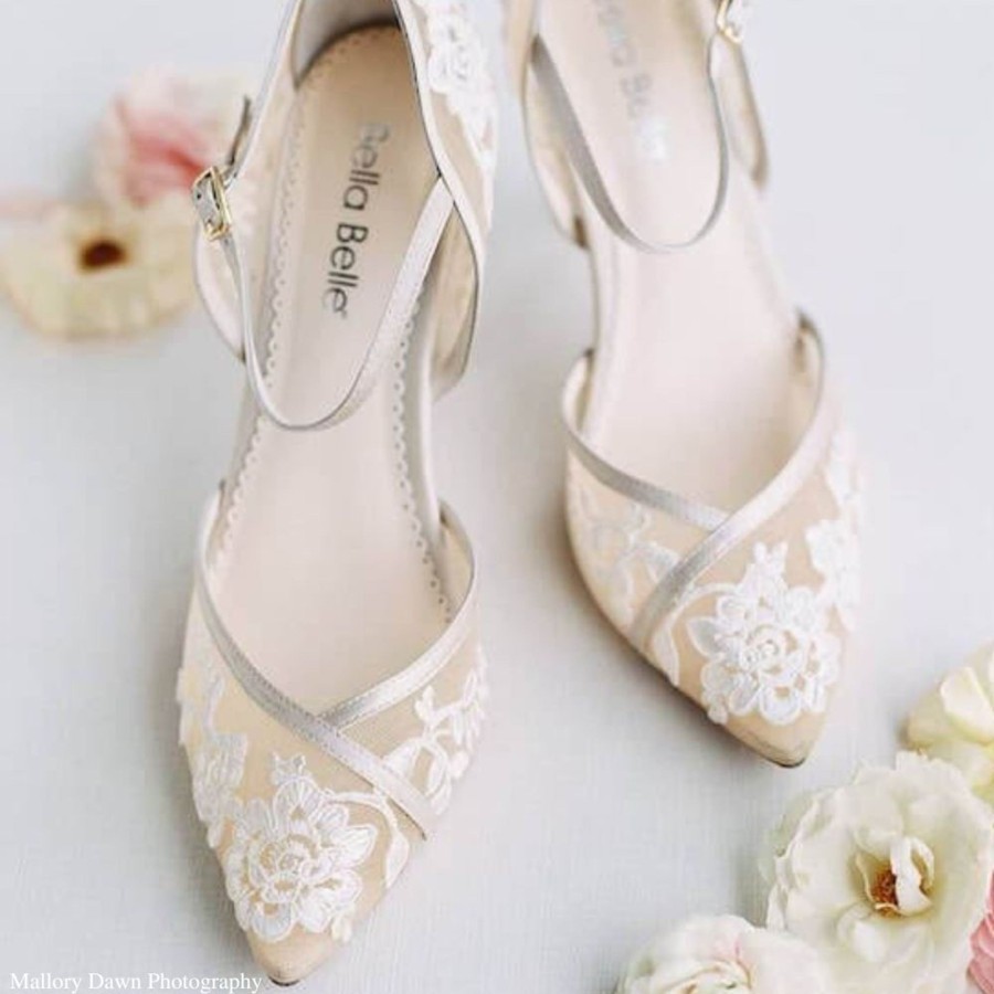 Non-Bridal Bella Belle Shoes | Lace Print Illusion Mesh Block Heels For Wedding Nude