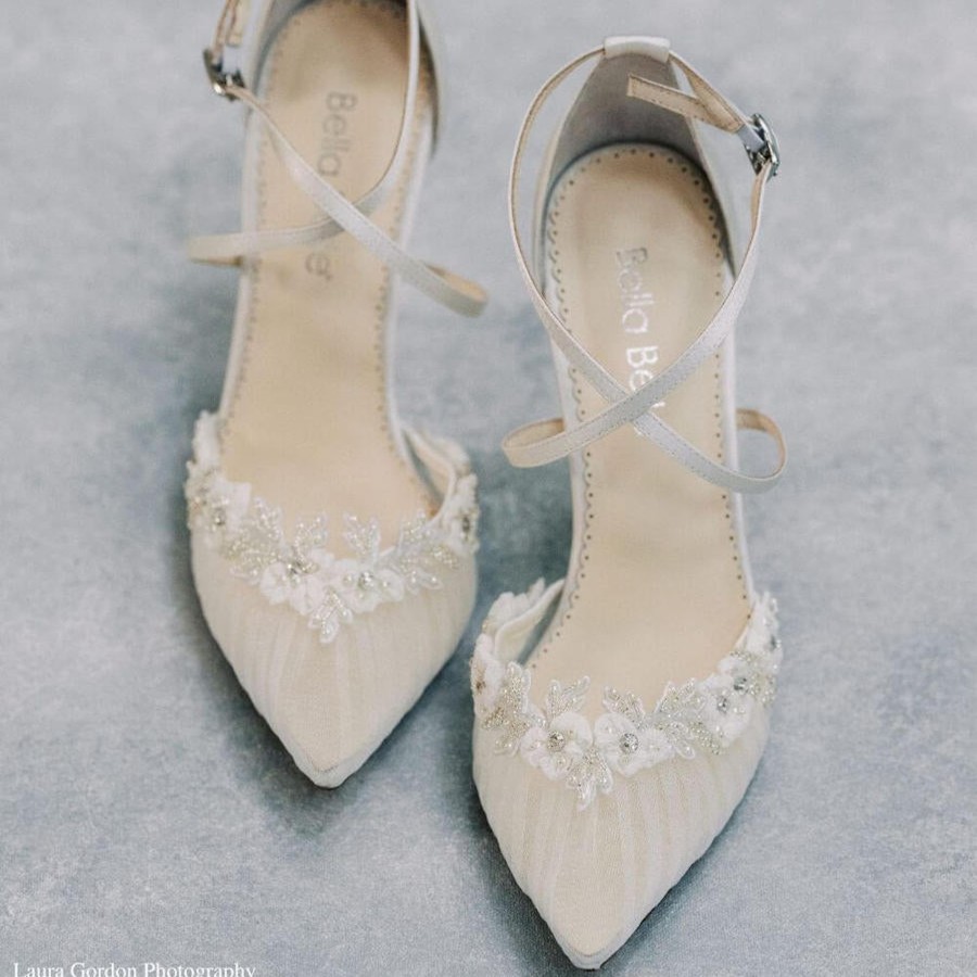 Bridal Bella Belle Shoes | Kitten Heel Crystal Trim Flower Organza Wedding Shoes Ivory