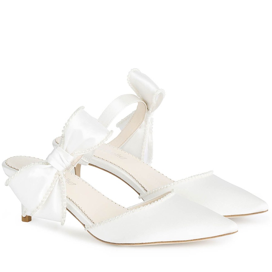 Bridal Bella Belle Shoes | Mule Wedding Shoes With Pearl Trimmed Bows Ivory