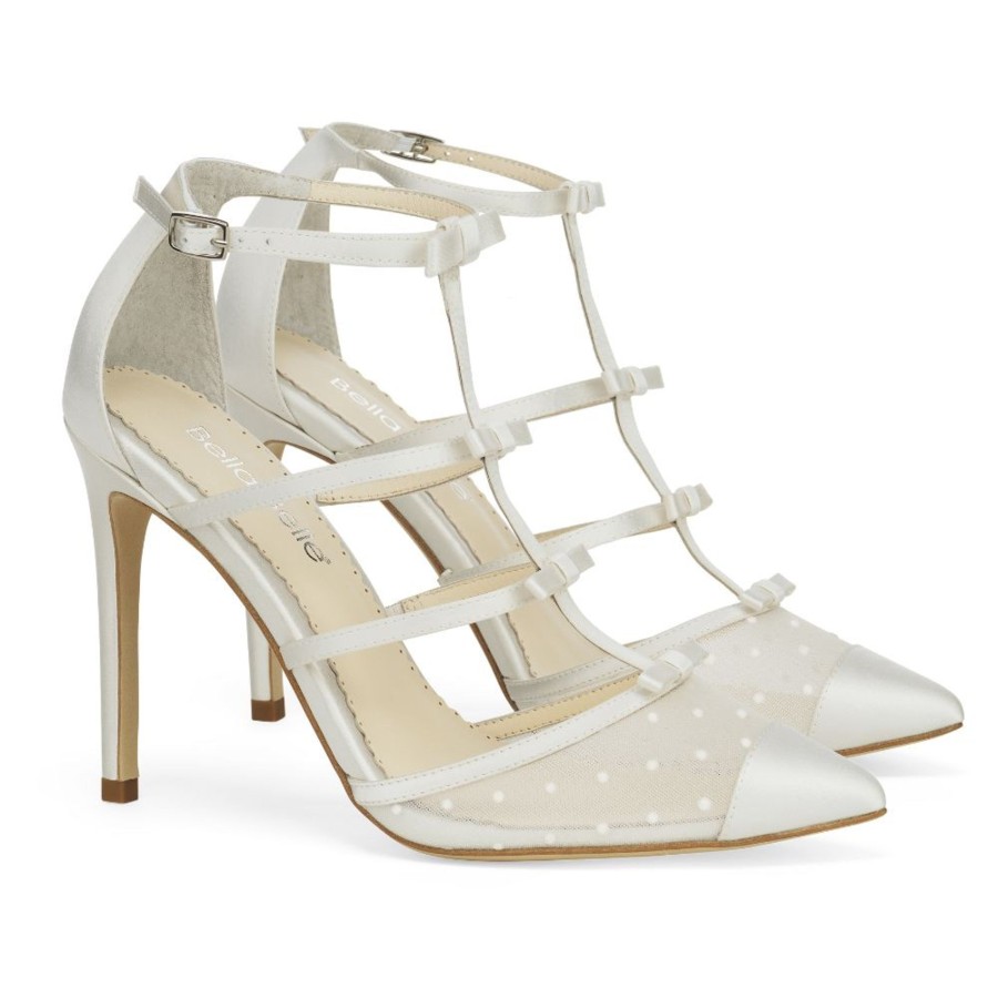 Bridal Bella Belle Shoes | Caged Strappy Bridal Shoes With Subtle Bow Lined T-Straps Ivory