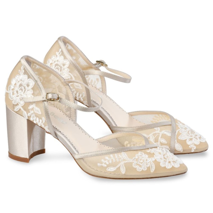 Non-Bridal Bella Belle Shoes | Lace Print Illusion Mesh Block Heels For Wedding Nude