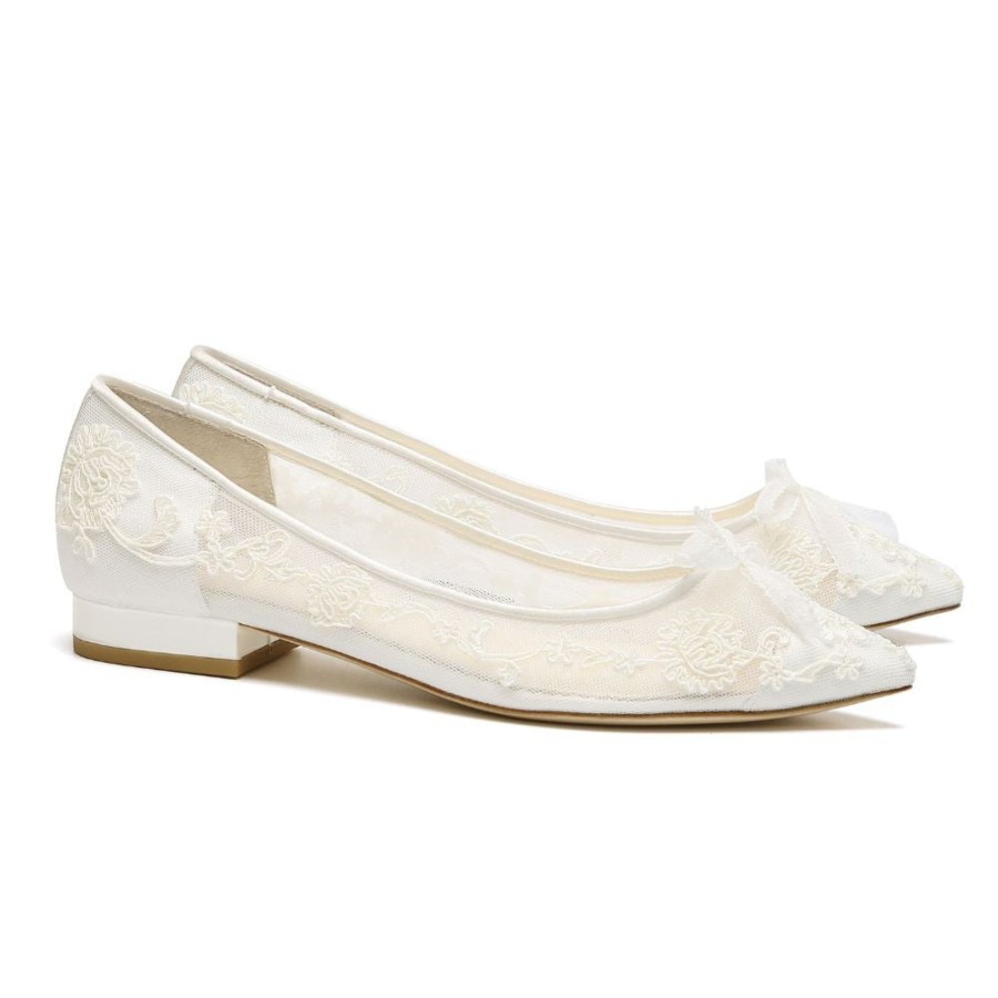 Bridal Bella Belle Shoes | Floral Applique Lace Wedding Flats With Petite Picot Ribbon Bow Ivory