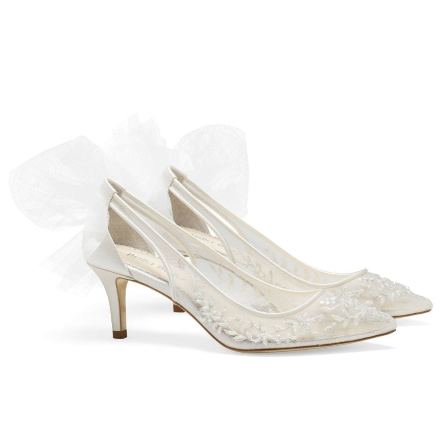 Bridal Bella Belle Shoes | Illusion Mesh Lace Beaded Kitten Heels With Removable Bow Ivory