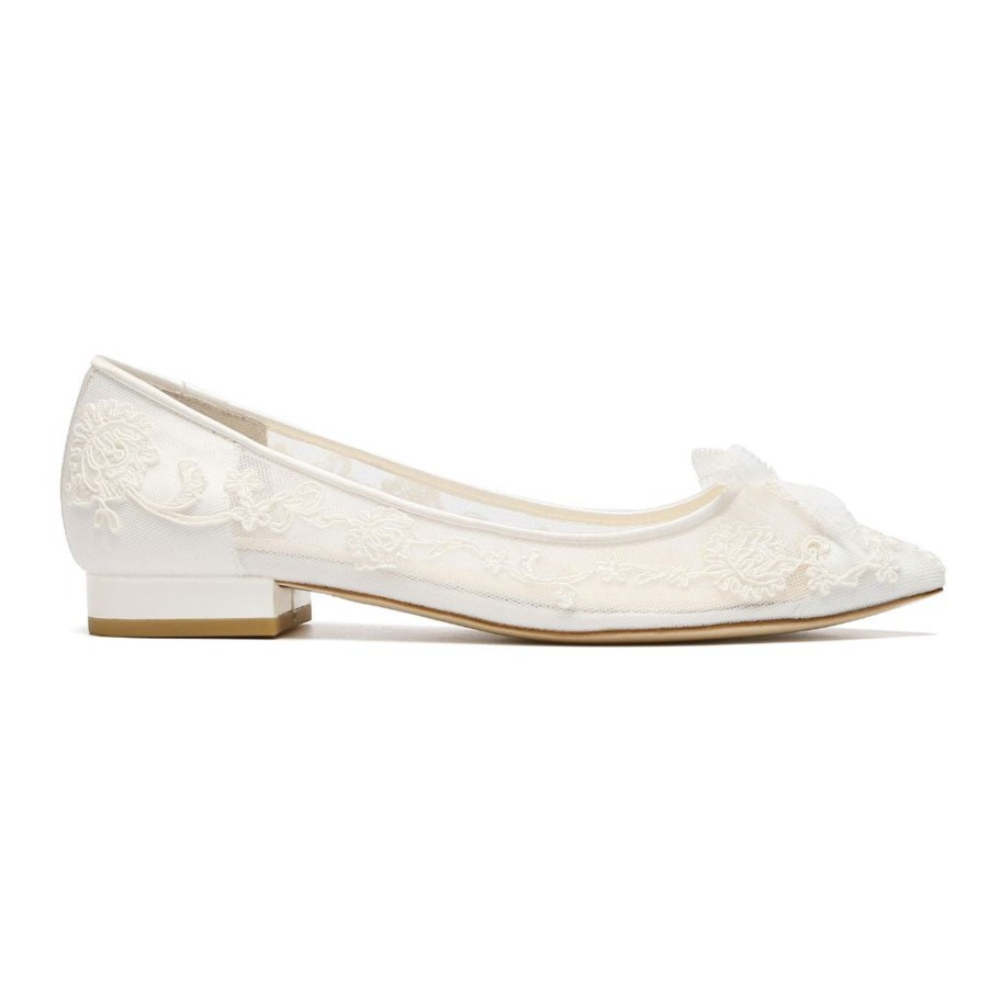 Bridal Bella Belle Shoes | Floral Applique Lace Wedding Flats With Petite Picot Ribbon Bow Ivory