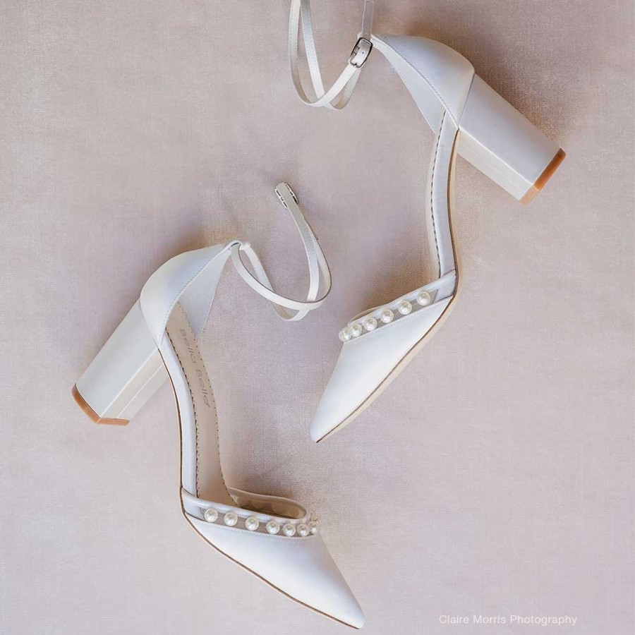 Bridal Bella Belle Shoes | Double Ankle Strap Pearl Block Heel Wedding Shoes Ivory