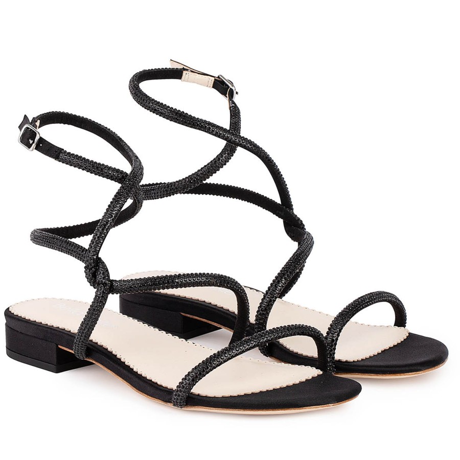 Non-Bridal Bella Belle Shoes | Flat Crystal Tie Up Sandals Black