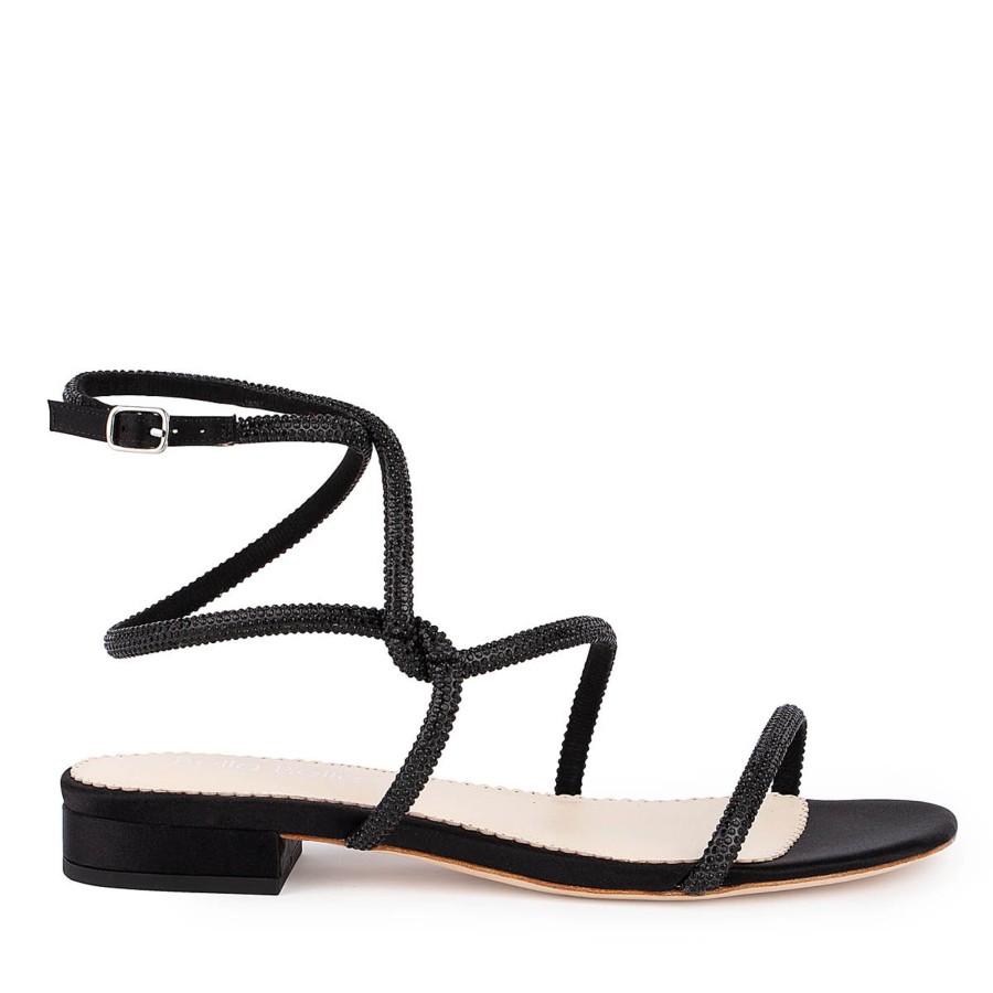 Non-Bridal Bella Belle Shoes | Flat Crystal Tie Up Sandals Black