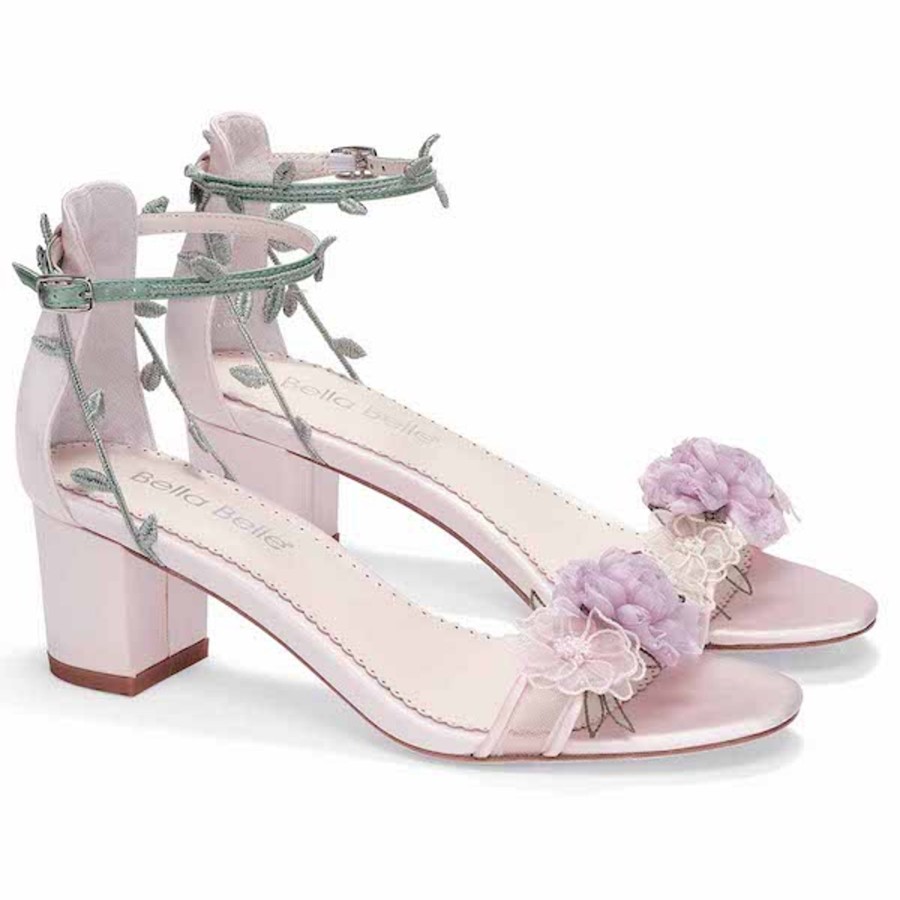 Non-Bridal Bella Belle Shoes | Block Garden Party Heels With Chiffon Flowers Blush