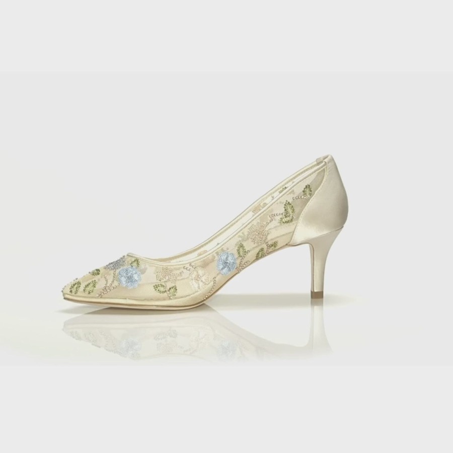 Bridal Bella Belle Shoes | Embroidered Floral Kitten Heels Nude