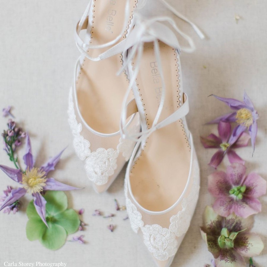 Bridal Bella Belle Shoes | Floral Lace Kitten Heels Ivory