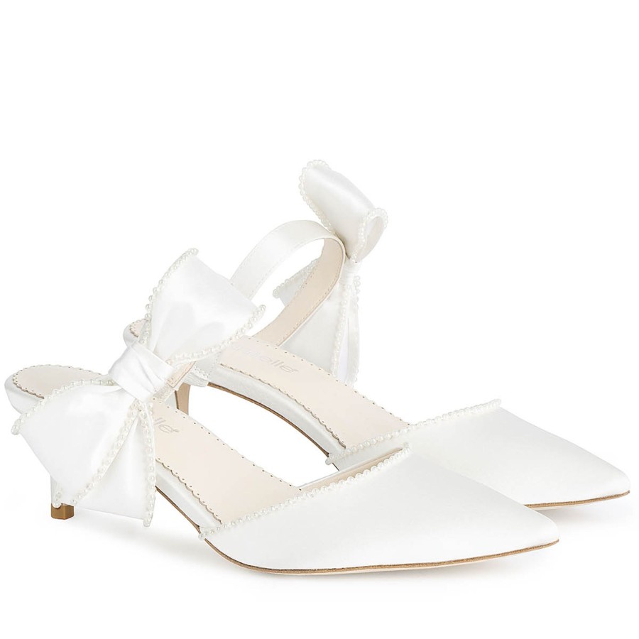 Bridal Bella Belle Shoes | Mule Wedding Shoes With Pearl Trimmed Bows Ivory