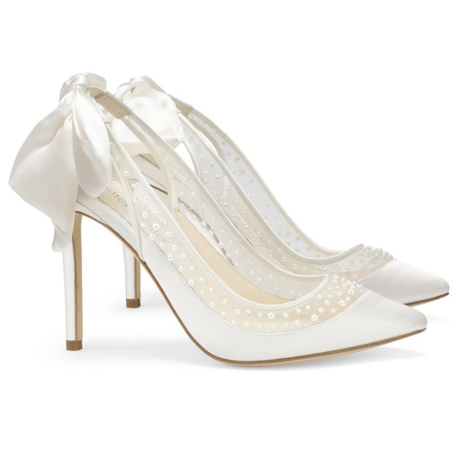 Bridal Bella Belle Shoes | Pearl Slingback Wedding Shoes With Silk Heel Bow Ivory