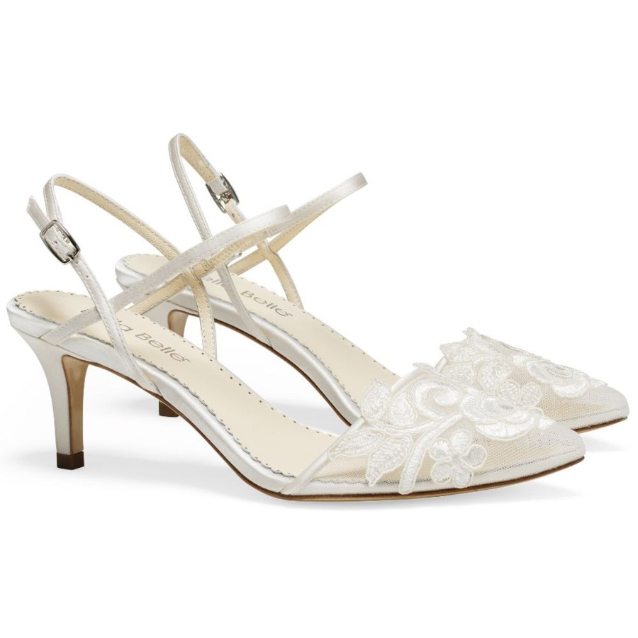 Bridal Bella Belle Shoes | Lace Slingback Flower Applique Heels Ivory