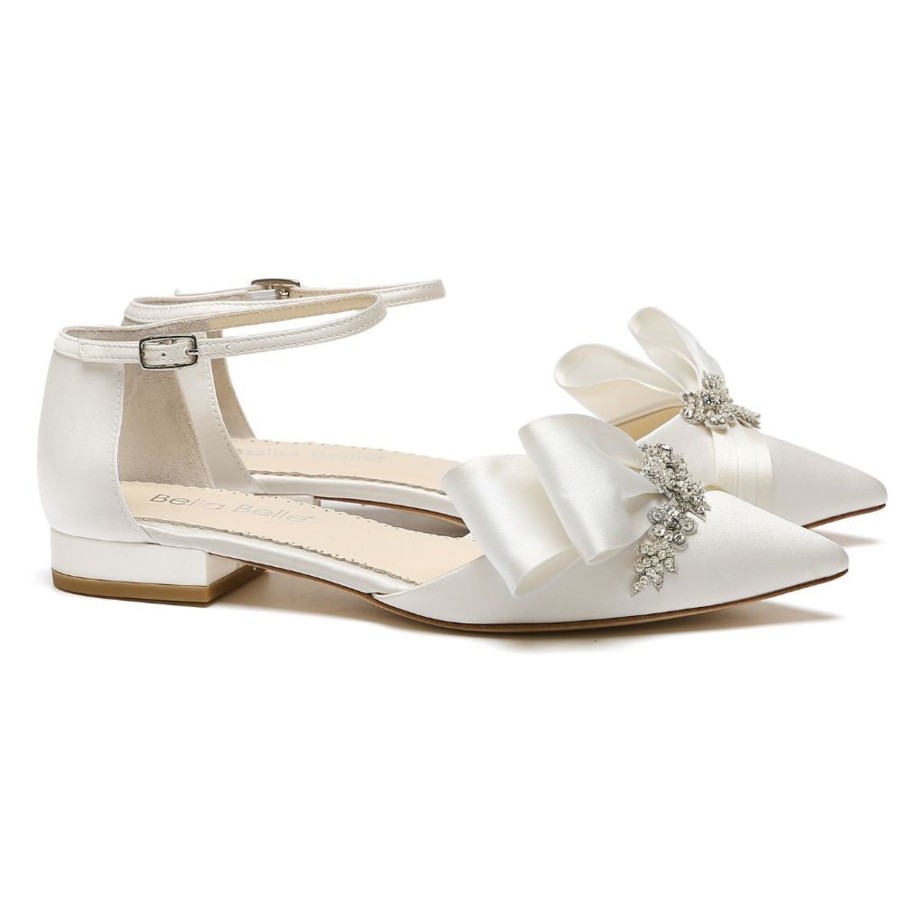 Bridal Bella Belle Shoes | Jeweled Wedding Flats With Ankle Straps And Asymmetrical Bows Ivory