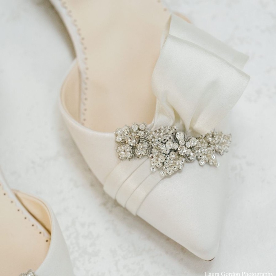 Bridal Bella Belle Shoes | Jeweled Wedding Flats With Ankle Straps And Asymmetrical Bows Ivory