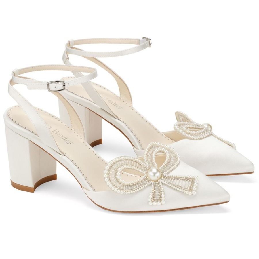 Bridal Bella Belle Shoes | Slingback Wedding Shoes With Bow And Block Heel (Includes Removable Ankle Strap) Ivory