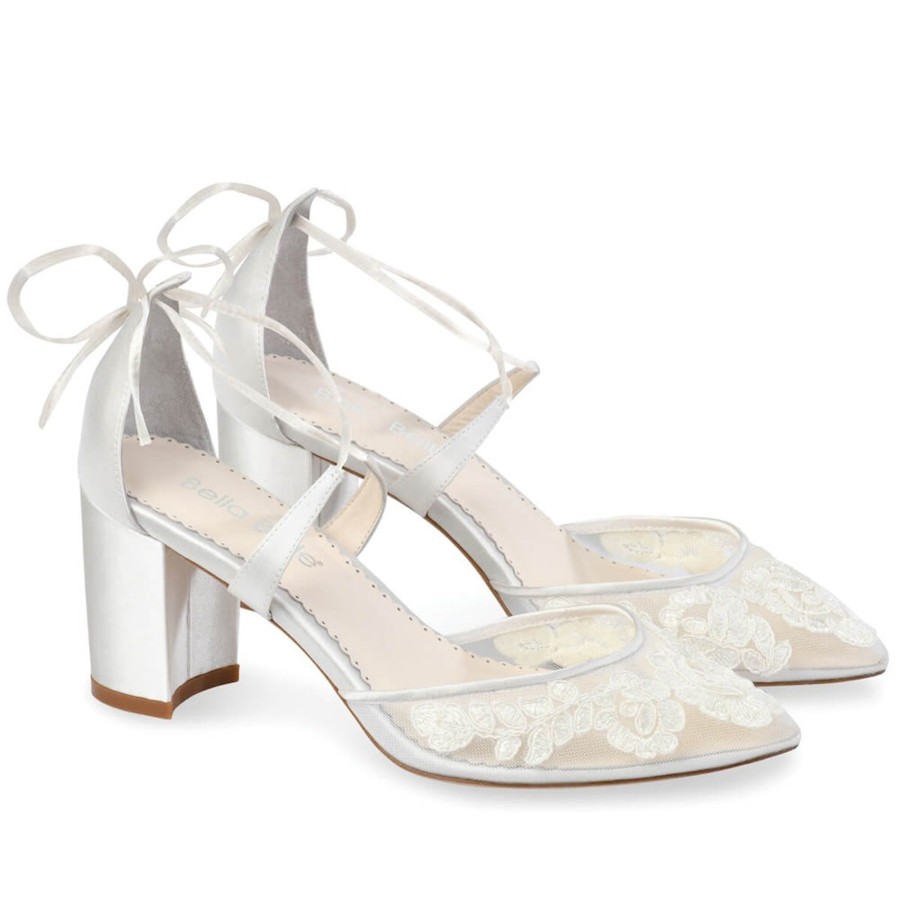 Bridal Bella Belle Shoes | Block Heel Wedding Shoes With Floral Lace Applique Ivory