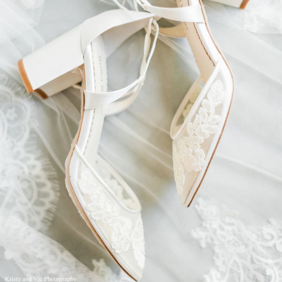 Bridal Bella Belle Shoes | Block Heel Wedding Shoes With Floral Lace Applique Ivory