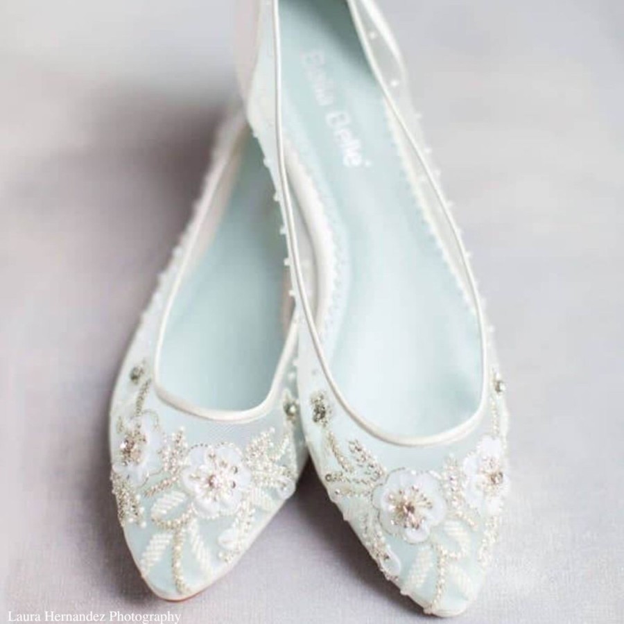 Bridal Bella Belle Shoes | Clear Flats For Wedding With Blue Insole Ivory