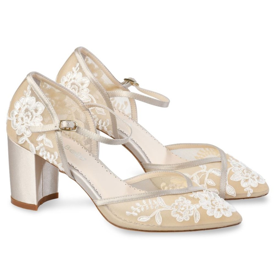 Non-Bridal Bella Belle Shoes | Lace Print Illusion Mesh Block Heels For Wedding Nude