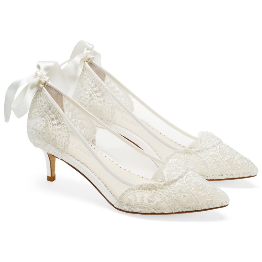 Bridal Bella Belle Shoes | Alencon Embroidered Low Heel Lace Wedding Shoes Ivory