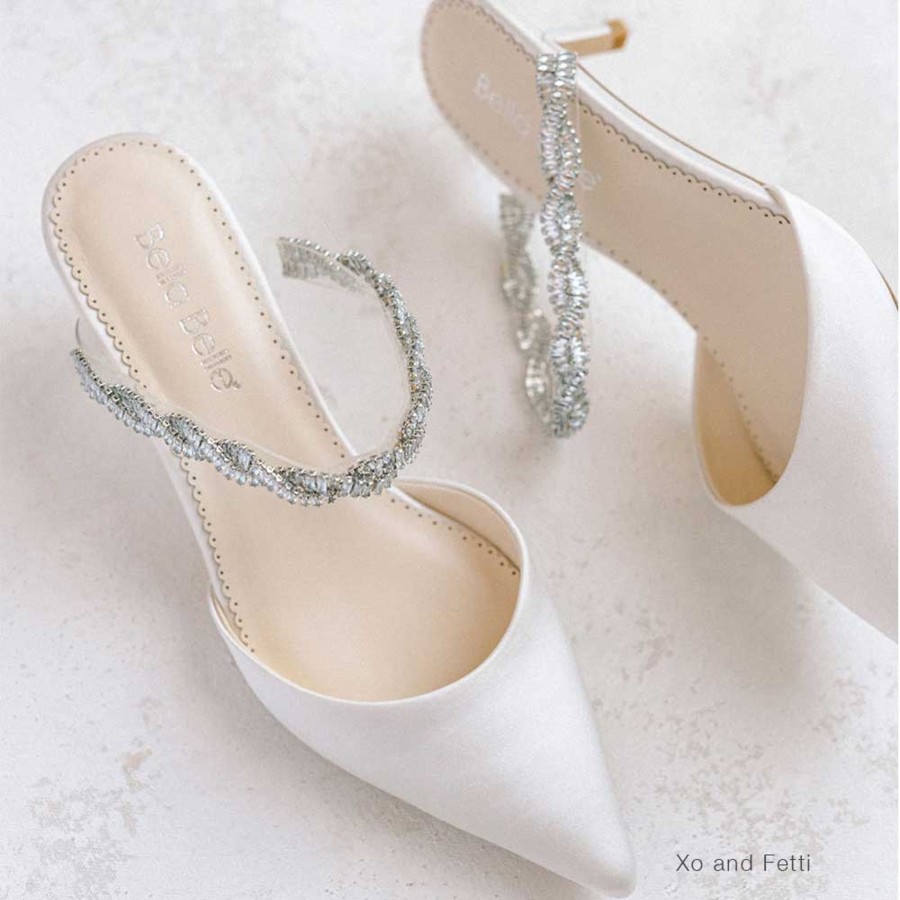 Bridal Bella Belle Shoes | Low Heel Bridal Mules With Crystal Straps Ivory