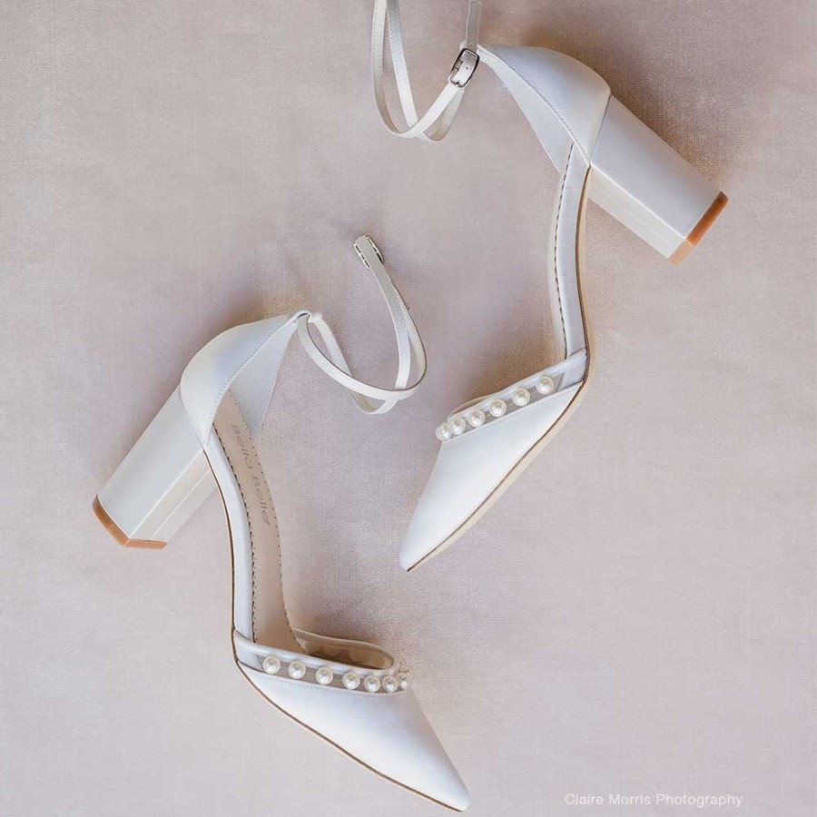 Bridal Bella Belle Shoes | Double Ankle Strap Pearl Block Heel Wedding Shoes Ivory