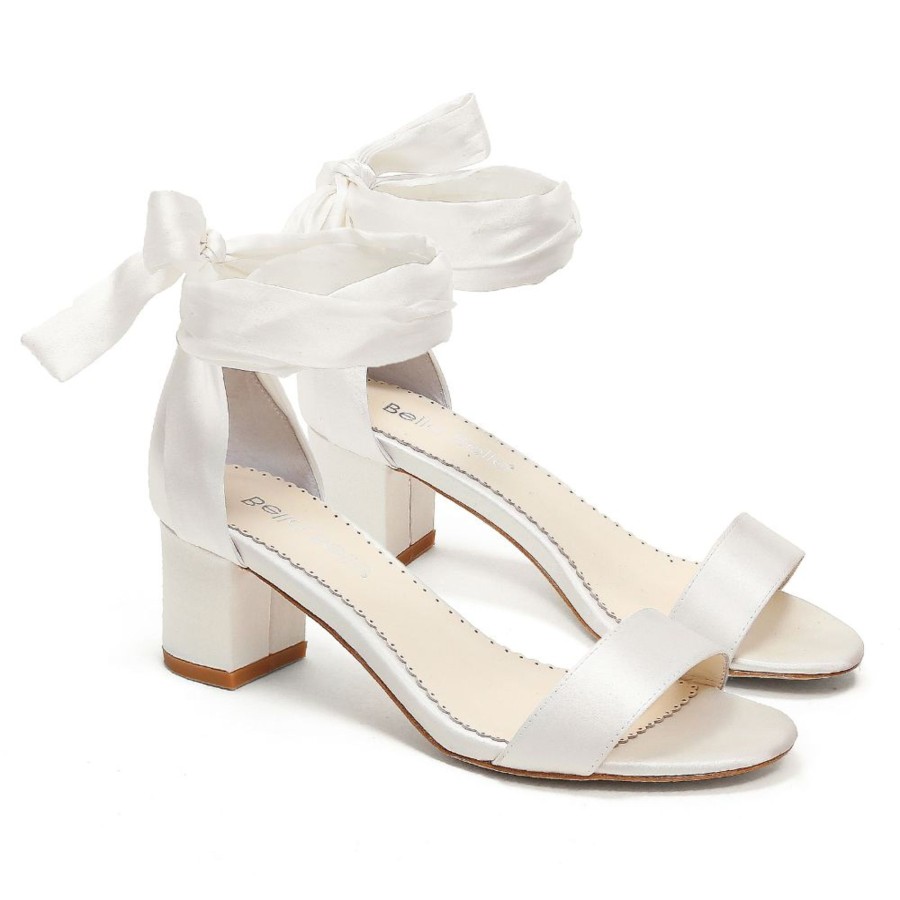 Bridal Bella Belle Shoes | Open Toe Ankle Wrap Block Heels Ivory