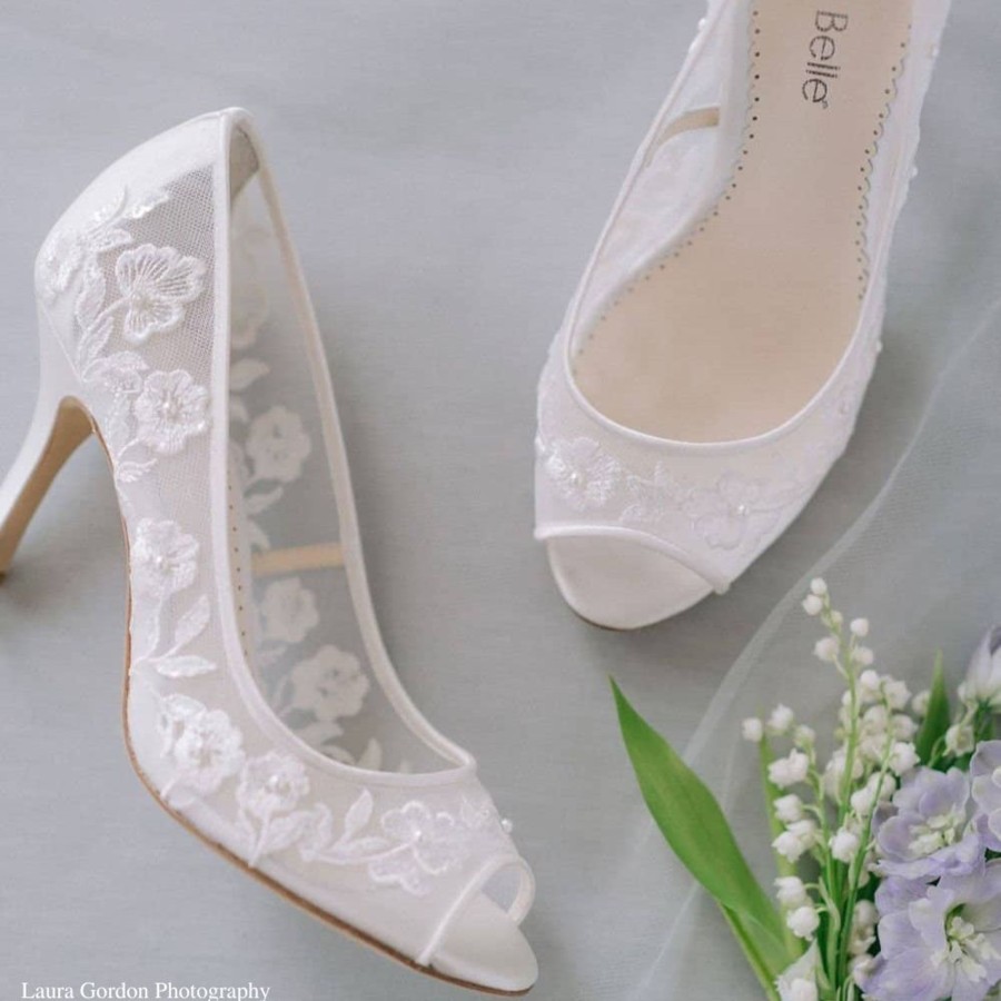 Bridal Bella Belle Shoes | Floral Lace Peep Toe Pump Ivory