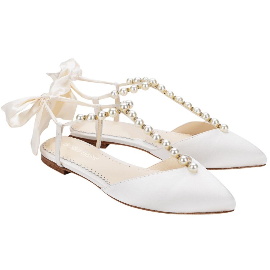 Bridal Bella Belle Shoes | T-Strap Crystal And Pearl Flats For Wedding With Ankle Bow Ivory