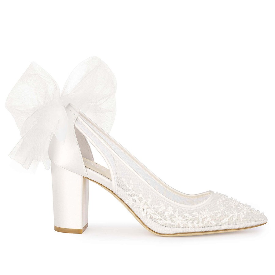 Bridal Bella Belle Shoes | Slingback Block Heel Wedding Shoes With Tulle Bow Ivory