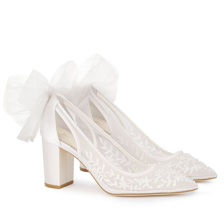 Bridal Bella Belle Shoes | Slingback Block Heel Wedding Shoes With Tulle Bow Ivory