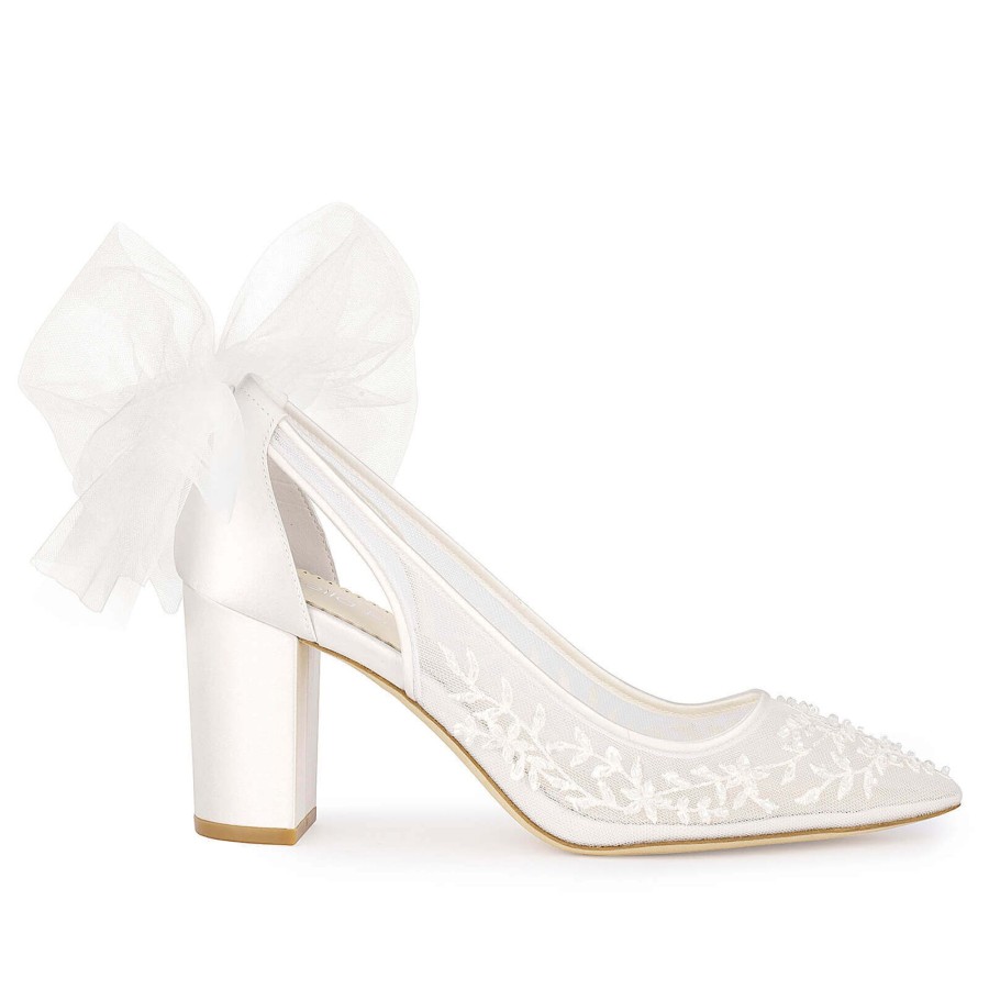 Bridal Bella Belle Shoes | Slingback Block Heel Wedding Shoes With Tulle Bow Ivory