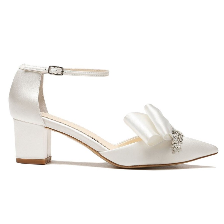 Bridal Bella Belle Shoes | Crystal Flower Embellished Block Heels With Asymmetric Bow Ivory