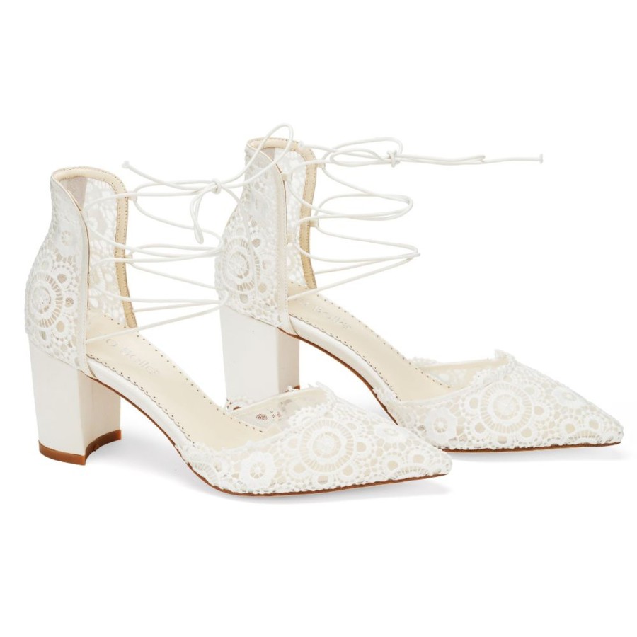 Bridal Bella Belle Shoes | Spanish Inspired Floral Lace, Lace Up Block Heels Ivory