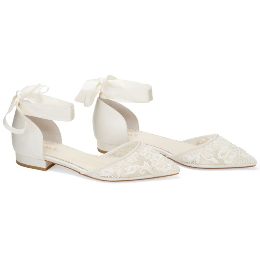 Bridal Bella Belle Shoes | Floral Embroidered Lace Flats For Wedding With Pearls Ivory