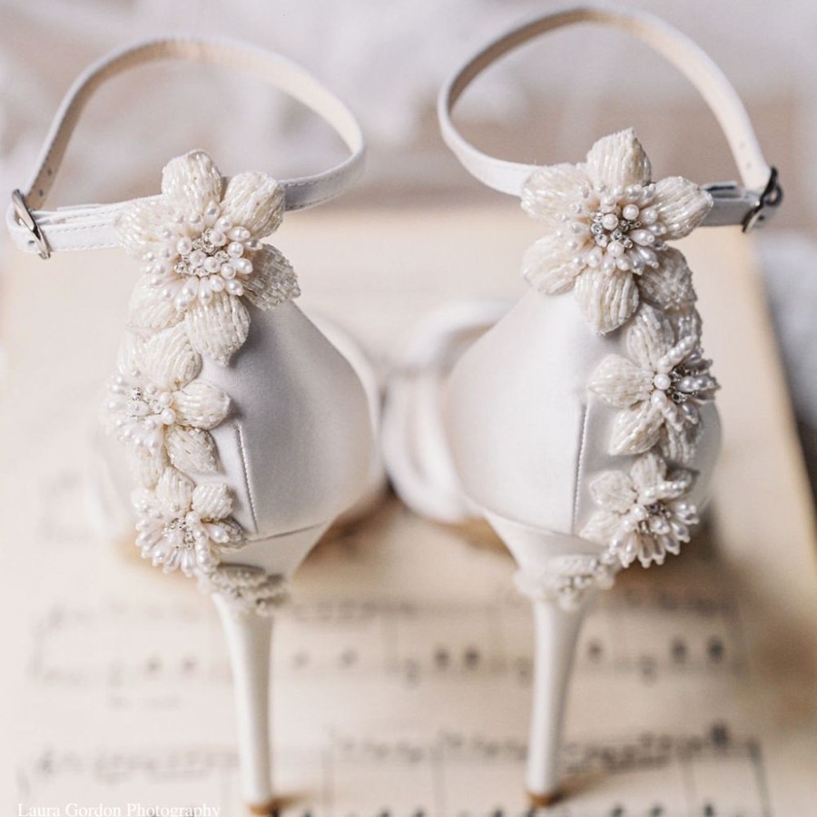 Bridal Bella Belle Shoes | Ankle Strap Pearl Wedding Shoes With 3D Floral Sculpture Ivory