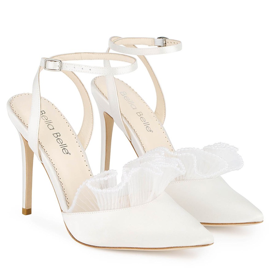 Bridal Bella Belle Shoes | Pearl Trimmed Ruffle Heels With Ankle Strap Ivory