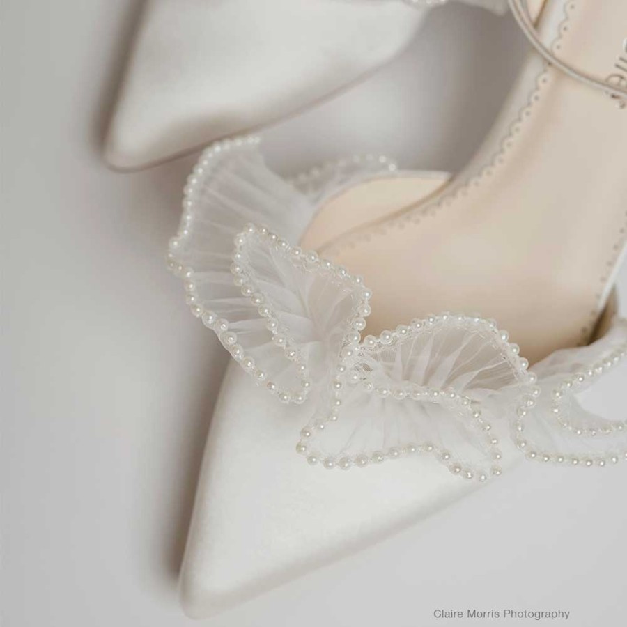 Bridal Bella Belle Shoes | Pearl Trimmed Ruffle Heels With Ankle Strap Ivory