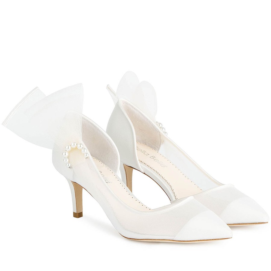 Bridal Bella Belle Shoes | Pearl Accent Closed Toe Kitten Heels With Grosgrain Bows Ivory