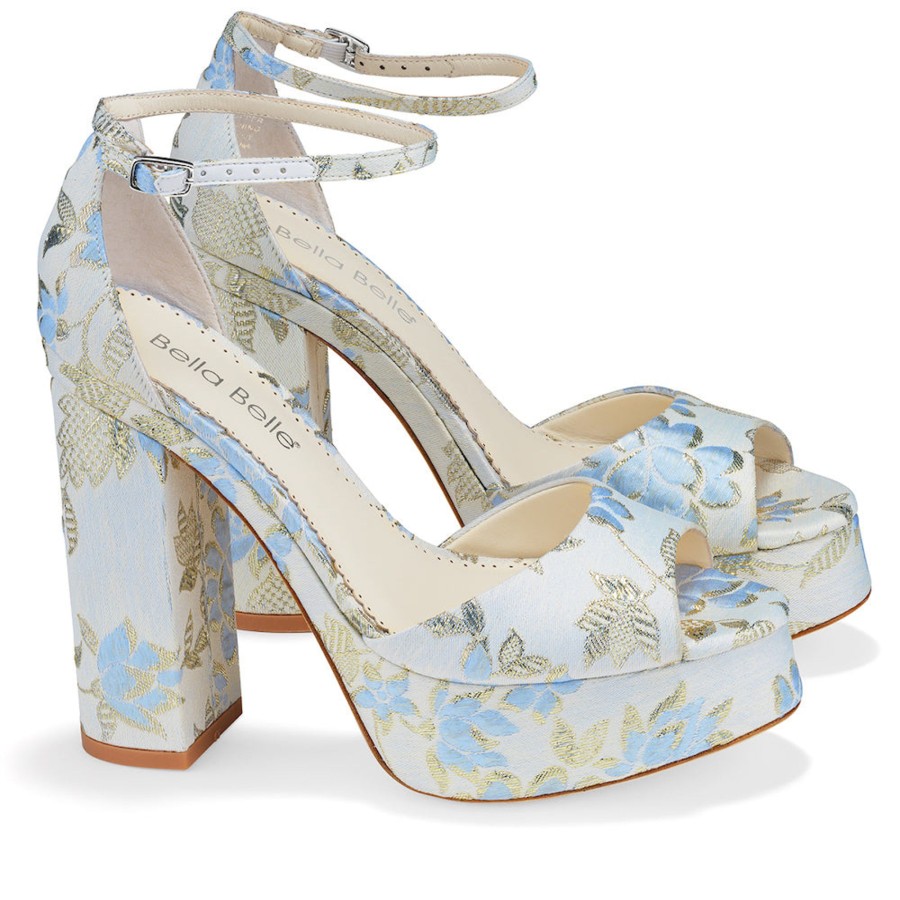 Bridal Bella Belle Shoes | Platform Jacquard Floral Sandals With Ankle Straps Blue