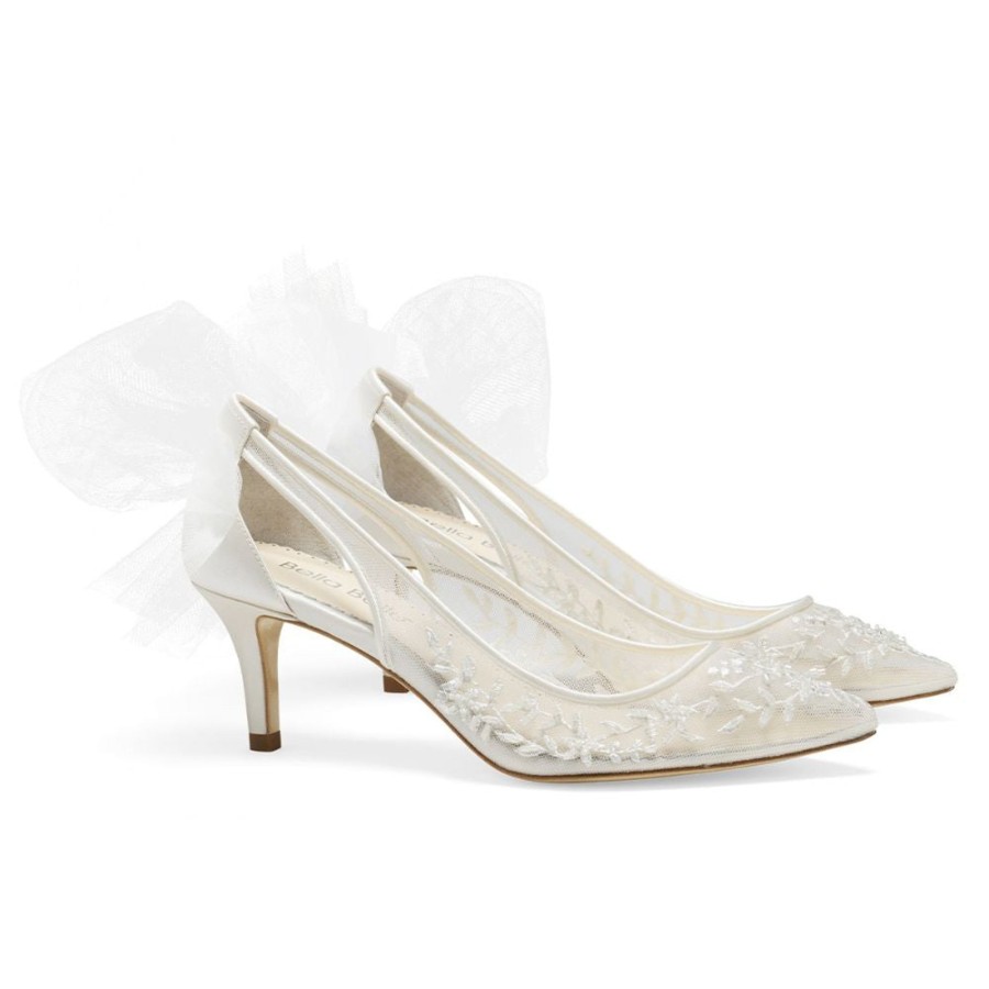 Bridal Bella Belle Shoes | Illusion Mesh Lace Beaded Kitten Heels With Removable Bow Ivory