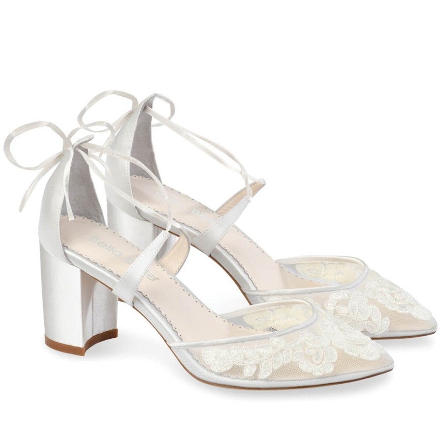 Bridal Bella Belle Shoes | Block Heel Wedding Shoes With Floral Lace Applique Ivory