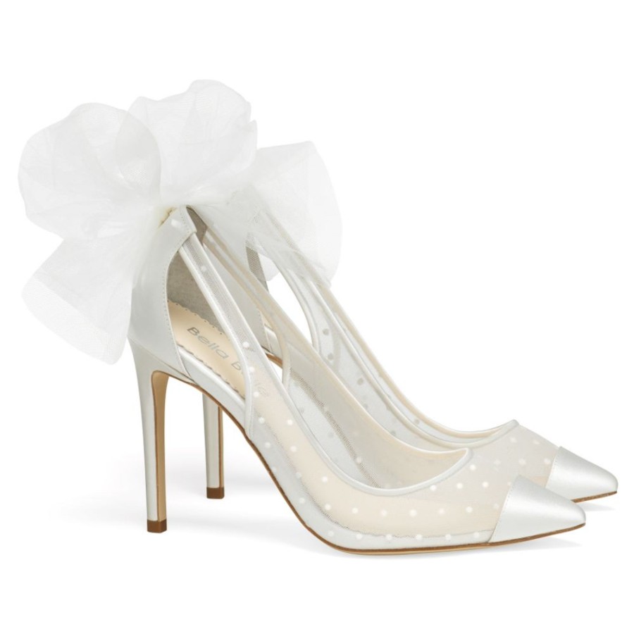 Bridal Bella Belle Shoes | Swiss Dot Illusion Mesh Tulle Heels With Bow Ivory