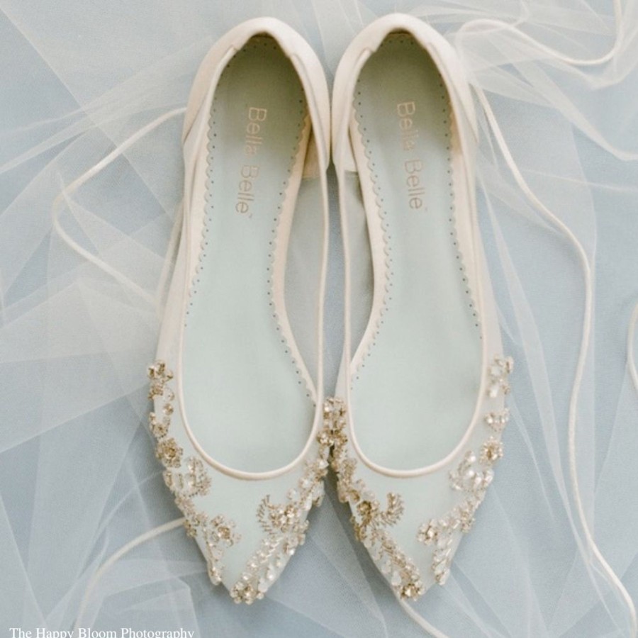 Bridal Bella Belle Shoes | Crystal Embellished Clear Flats With Rhinestones And Blue Insole Ivory